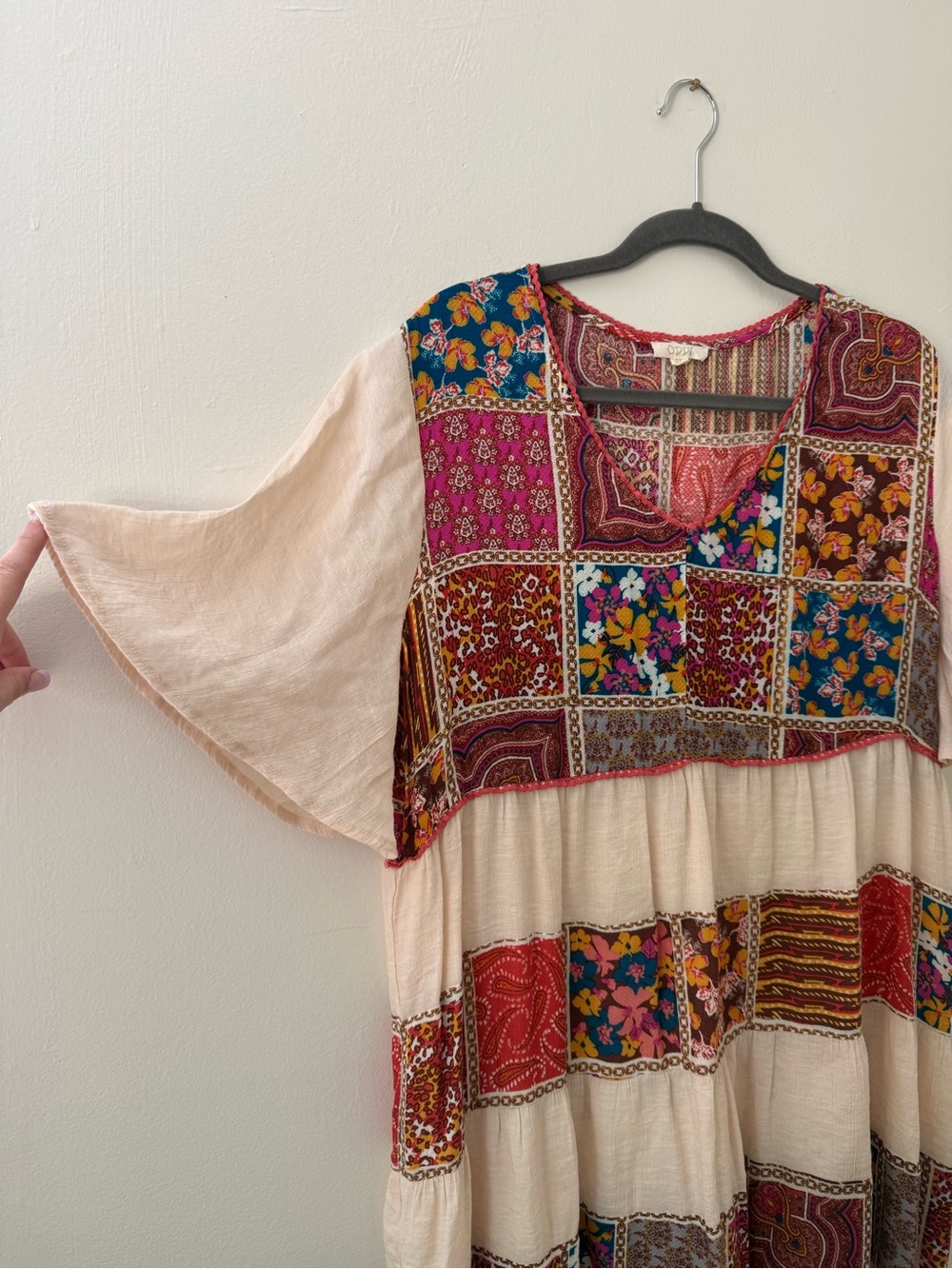 Patchwork Boho Mini Swing Dress Floral Cream Flutter Sleeve Size 1XL - Picture 2 of 9